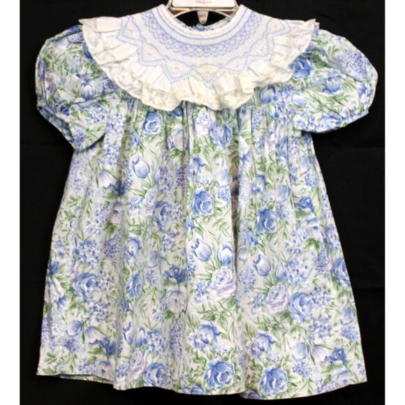 Vtg 90s Tabony Collection Smocked Dress 2T Blue Cabbage Roses Lace Spring Garden - Picture 1 of 9